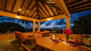 Romantic, chairs, tables, lamps, Veranda, view, evening, beach HD wallpaper