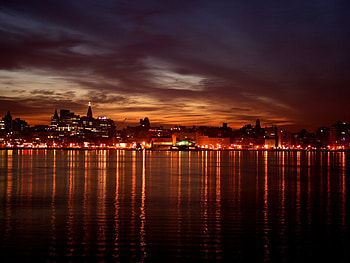 Twilight, night, city, lights, nature, sky, water, sunset, ocean HD wallpaper