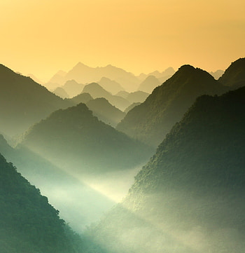 Mountains, sunrise, nature, horizon, mist HD phone wallpaper