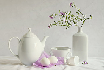 still life in white, two, art , table, white, teacup, vase, beautiful, eggs, flower, teapot, lilac HD wallpaper