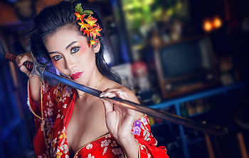 Beauty, model, sword, asian, girl, geisha, woman, red, katana HD wallpaper