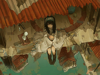 Waiting, headband, girl, black hair, long hair, dress, anime girl, hanno, anime, original, tagme, green eyes HD wallpaper