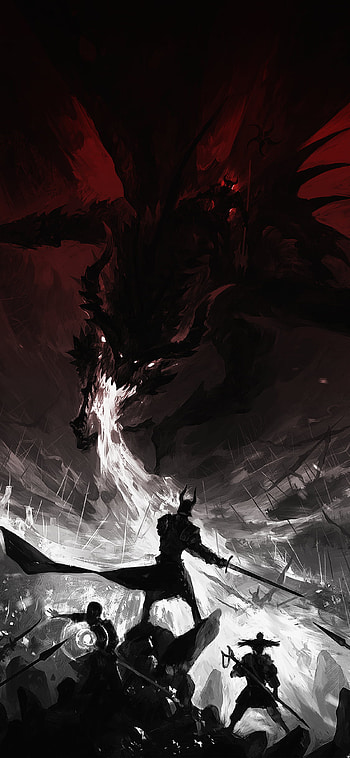 Red Dragon, dragon, black, white, red, fantasy, dark, red and black, Dark Fantasy HD phone wallpaper