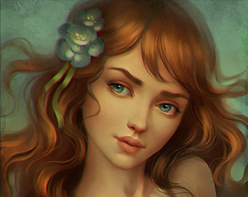 Girl, blue, art, orange, woman, fantasy, portrait, flower, face, redhead HD wallpaper