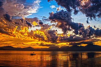 Awesome Sunset, boats, landscape, clouds, sky, nature, lake, sunset HD wallpaper
