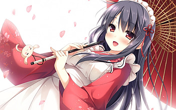 Maid Chan, yukata, nice, cg, petals, flower, happy, adorable, female, blossom, plain, sweet, white, smile, umbrealla, girl, kawaii, anime girl, simple, maid, anime, pretty, lovely, longhair, kimono, cute, floral, red eyes, , smiling, black hair, red, blushing, blush HD wallpaper