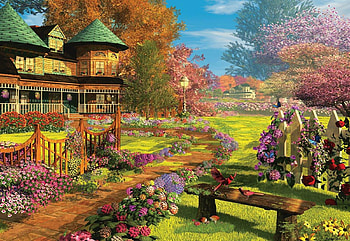 Victorian Dream, artwork, bench, painting, fence, trees, garden, cottage, flowers HD wallpaper