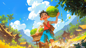 Cheerful Boy with Watermelons, watermelon, boy HD wallpaper