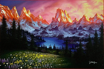 A Time To Dream, artwork, painting, peaks, trees, flowers, rocks, mountains, lake HD wallpaper