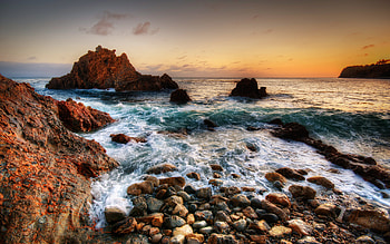 Ocean Waves, colorful, colors, peaceful, sunrise, beauty, waves, reflection, water, ocean, sunset, sea, landscape, beautiful, rocks, stones, view, clouds, nature, sky, lovely, splendor HD wallpaper