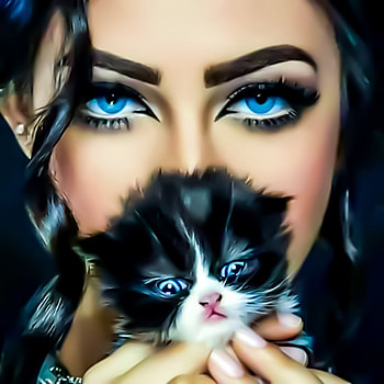 The beauty and the little beast, blue, makeup, Beauty, brunette, eyes, cat HD wallpaper