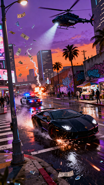 Sunset Neon Chase: Lambo, Cop Chopper & Flying Cash, sports car, helicopter, city street, explosion HD phone wallpaper