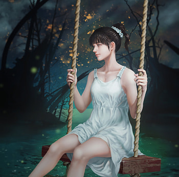 Lake swing, nizart, white, fantasy, art, niz, girl, swing, water, forest HD wallpaper