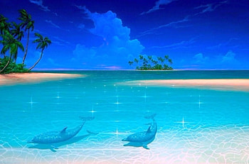 Dolphin Cove, blue, oceans, attractions in dreams, cove, paradise, paintings, love four seasons, dolphins, underwater, nature, sky, islands HD wallpaper