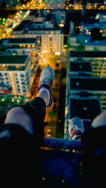 City, Lights, View From Above, Miscellanea, Miscellaneous, Legs, Sneakers HD phone wallpaper