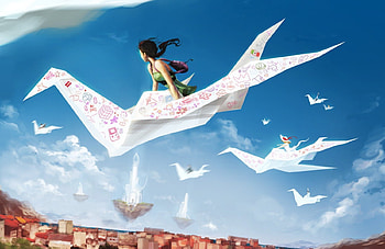 The Journey On Paper Wings, riding, flying, people, kingdom, paper birds, anime, fantasy, clouds, sky HD wallpaper