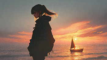 Sunset Silhouette By The Sea Anime Girl With Sailboat Glow, sunset, silhouette, sea, anime-girl, sailboat, glow, artist, artwork, art, digital-art, ai, deviantart HD wallpaper