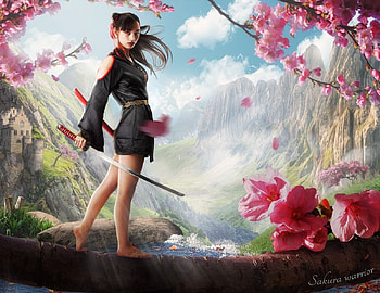 Sakura warrior, pink, jerome brack, sakura, girl, spring, katana, warrior, blossom HD wallpaper