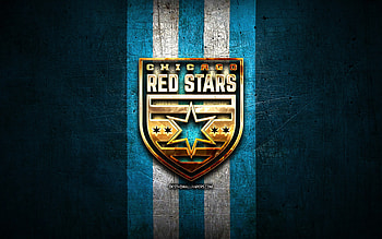 Chicago Red Stars FC, golden logo, NWSL, blue metal background, american soccer club, National Womens Soccer League, Chicago Red Stars logo, soccer, Chicago Red Stars HD wallpaper