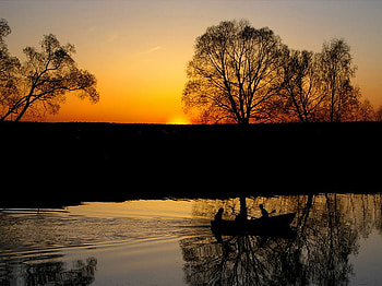 Sunset above the river, river, boat, sky, sunset, boys HD wallpaper