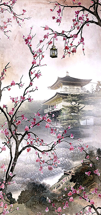Castillo, sakura, gris, nature, chino, asia, Japanese, pintura, edo, asiatico, era, plant, antiguo, japon HD phone wallpaper