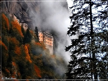 sumela monastary again, fog, monastary, turkey HD wallpaper
