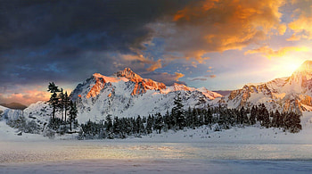 spectacular mountains at sunrise, winter, river, trees, mountains, sunrise HD wallpaper