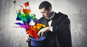 Magician, colorful, black, rainbow, fantasy, man, hat, hand HD wallpaper