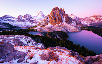 View from the Nublet in Mount Assiniboine Provincial Park, British Columbia, canada, lakes, snow, landscape, trees, clouds, sky HD wallpaper