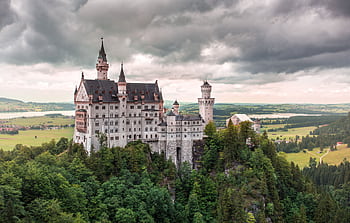 A stunning view of Neuschwanstein Castle surrounded by lush greenery in Bavaria, Germany. HD wallpaper