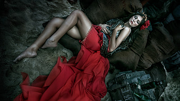 Lady in red, girl, digital, dress, art HD wallpaper
