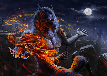 Werewolf Vs Man Flame Night Skull, artist, artwork, digital-art, skull, wolf, deviantart HD wallpaper