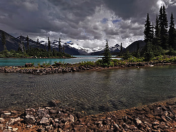 Garibaldi, landscape, forces, lake, stone, trees, nature, sky, water, cloud HD wallpaper