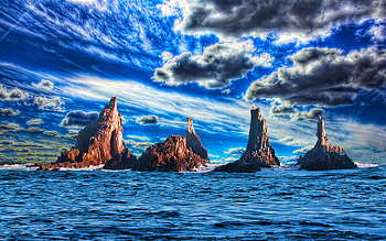 The Guardian, blue, reef, sky, rocks, wave, ocean HD wallpaper