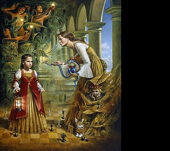 Michael Cheval art, bird, art, girl, cat, woman, surrealism, painting, fantasy, light, michael cheval, chess, castle HD wallpaper