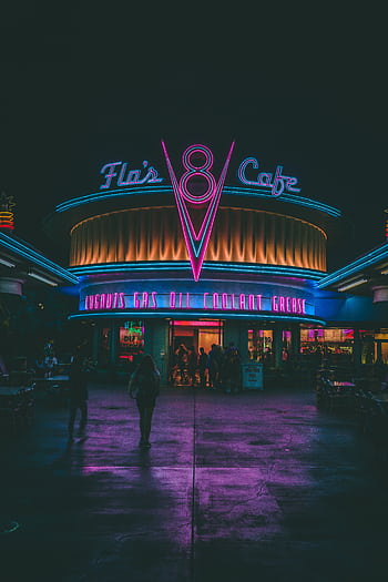Experience the retro neon glow of Flo's V8 Café in Anaheim at night, capturing its nostalgic charm and lively atmosphere. HD phone wallpaper