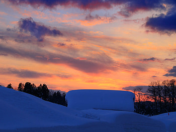 Brilliant Sunset, blue, japan, colour, dusk, orange, fiery, snow, red, clouds, trees, sky, sun, cream, evening, sunset HD wallpaper
