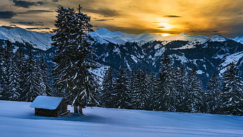 Winter in Austrian Alps, snow, clouds, trees, landscape, sky, mountains, sunset HD wallpaper