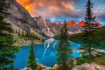 Valley of the Ten peaks, Forest, Morning, Maraine lake, Water, Mountains, Peak HD wallpaper