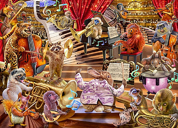 Funny orchestra, animal, dog, instrument, monkey, music, fantasy, raccoon, funny HD wallpaper