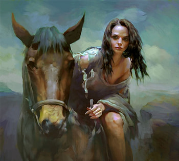 Fantasy girl, horse, fantasy, gunwitch, art, cal, girl, dark HD wallpaper