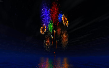 HAPPY HOURS, colorful, firewrks, reflection, happy, celebration HD wallpaper
