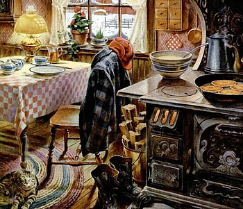 country morning, coat, table, window, lamp, cat, food, hat, stove HD wallpaper