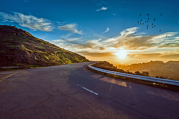 Mountain Road Bird Flying Morning, mountains, road, nature, birds, flying HD wallpaper
