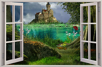 Out My Window, window, fantasy, frame, castle, land HD wallpaper