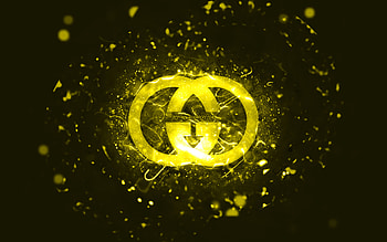 Gucci yellow logo, , yellow neon lights, creative, yellow abstract background, Gucci logo, brands, Gucci HD wallpaper