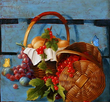 baskets,butterfly, bench, peach, cherries, plum, grapes, fruit HD wallpaper