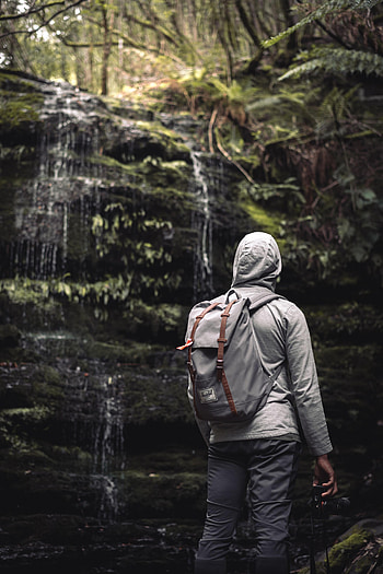 Miscellanea, Miscellaneous, Waterfall, Human, Person, Backpack, Rucksack, Hood HD phone wallpaper