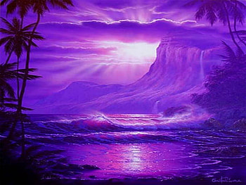 Lavender eve, moonlight, lavender, clouds, trees, cliff, water, reflections, evening HD wallpaper