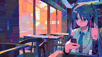 Vibrant Hatsune Miku in a Cozy Cafe Setting, Anime, Vocaloid, Hatsune Miku HD wallpaper